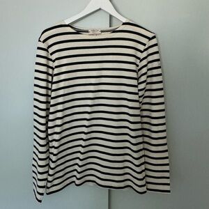 Black and White Striped Long Sleeve Cotton Crew Neck Shirt